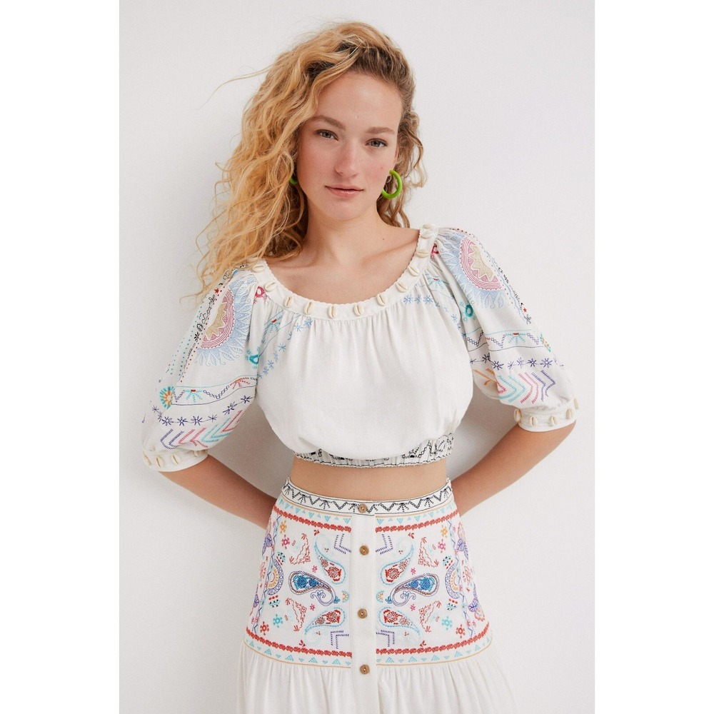 Desigual Embroidered Peasant Blouse Womens Large White Boho 22SWBW05